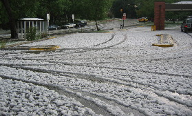 Hail covered parking lot