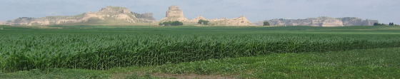 Huge field of irrigated corn in Gering, Nebraska with Scotts Bluff in the far right background