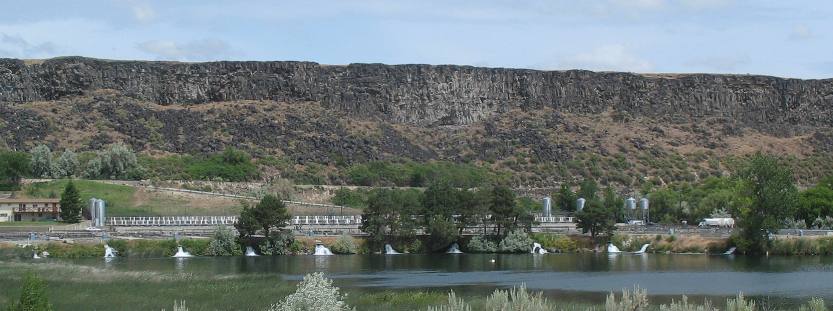 Basalt wall in Snake River Canyon near Buhl, Idaho on the property of Clear Springs Trout Farm