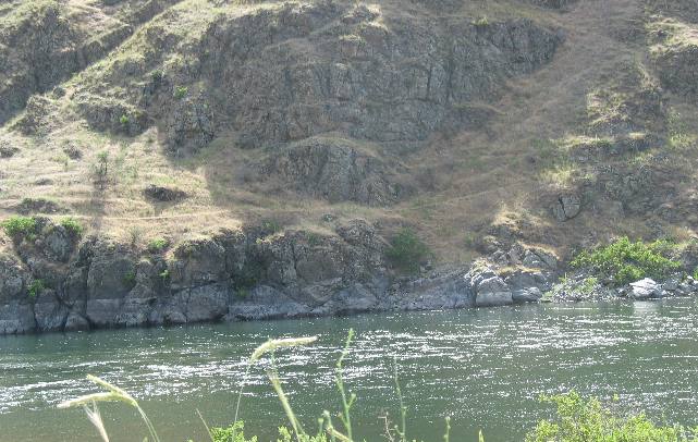 Basalt from ancient lava flow on Oregon side of Snake River in Hells Canyon at Pittsburgh Landing southwest of White Bird, Idaho
