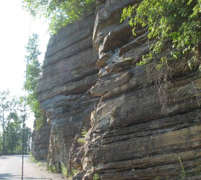 Sedimentary rock exposed in this road cut on Going to the Sun Highway