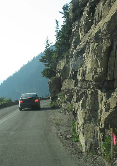 Road cut through sedimentary rock on the Going to the Sun Highway Glacier NP