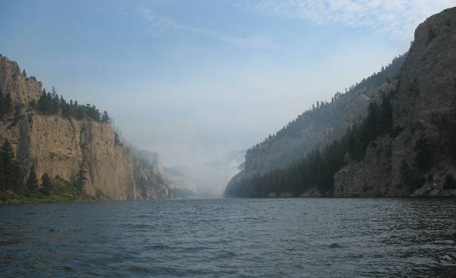 Smoke from the Meriwether Fire visible in Gates of the Mountains Wilderness 