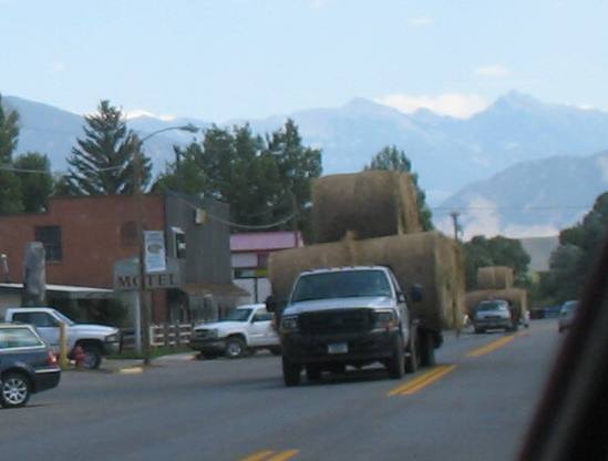 Hay being transported through Ennis, Montana