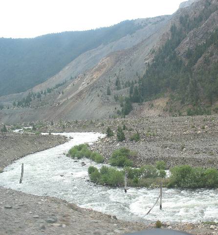 Madison River flowing downstream of the earthquake slide that created Quake Lake
