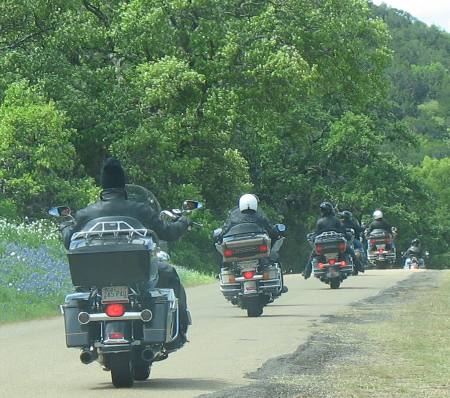 Motorcycles cruising Willow Loop Scenic Drive in the Texas Hill Country