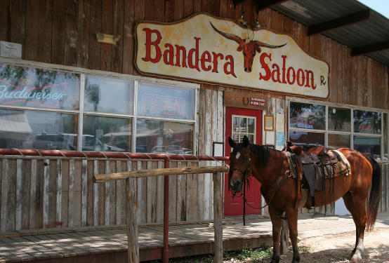 Bandera Saloon in downtown Bandera, Texas complete with functional hitching post