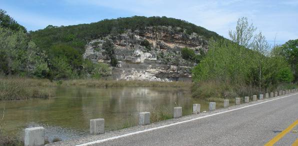 Guadalupe River and the deep cut it has made west of Hunt, Texas