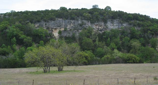 Limestone cliff cut & exposed by the Guadalupe River near Hunt, Texas