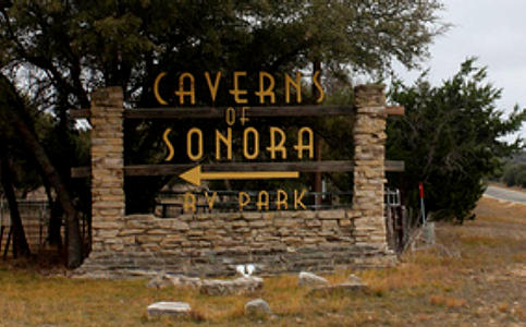 Entrance sign for Caverns of Sonora complete with an RV-Park