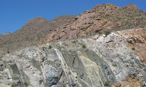 Tilted Fault Blocking evident in this Franklin Mountains roadcut