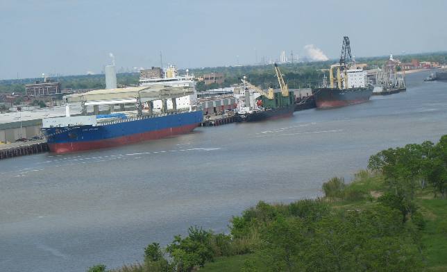 View of port facilities at Port Arthur from Rainbow Bridge over Neches River