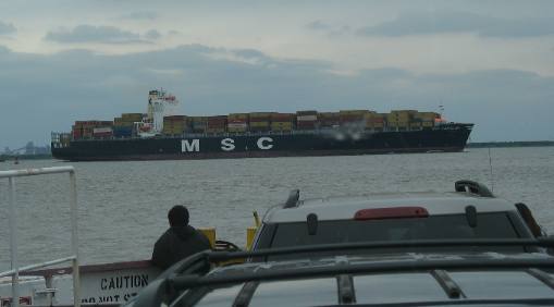 Large container ship heading into Galveston Bay