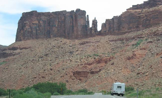 Fin, hoodoo, desert varnish and talus slope all showcased in this sandstone exposure