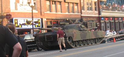 Marine tank being unloaded from lowboy on Broadway Street, Nashville