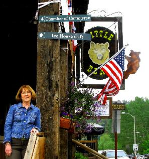 Joyce in front of the Little Bear Saloon Evergreen, Colorado