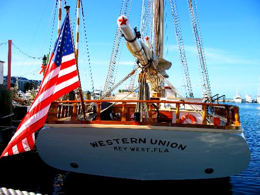 Tall sailing ship Western Union docked along Harbor Walk in Key West Bight Marina