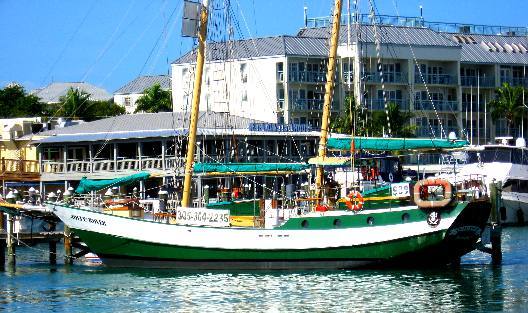 Schooner Jolly II Rover docked along Harbor Walk in Key West Bight Marina near Conch Republic Restaurant