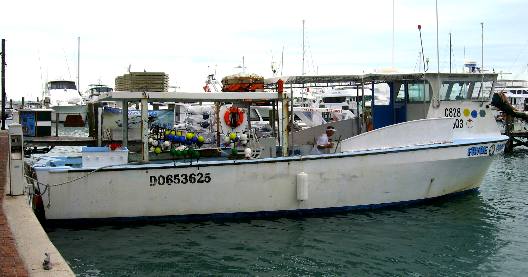 Commercial Lobster boat docked behind Conch Republic Restaurant on Harbor Walk in Key West Bight Marina