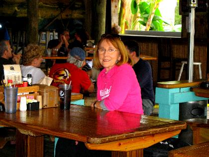 Joyce Hendrix waiting on our food to arrive at Hogfish Grill on Stock Island