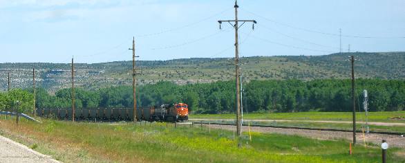 Coal trains heading south from the Powder River Coal mines north of here