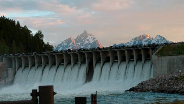 Grand Teton Peak and the Jackson Lake Dam in Grand Teton National Park