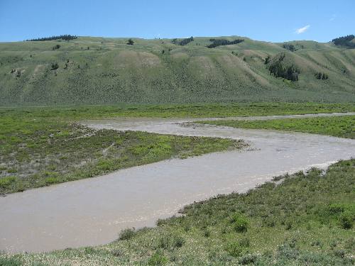 Gros Ventre River flowing through limestone hills deep in the Gros Ventre Mountains