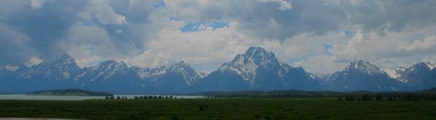 View of Teton Range from the huge picture windws in the upper lobby area of Jackson Lake Lodge in Grand Teton National Park