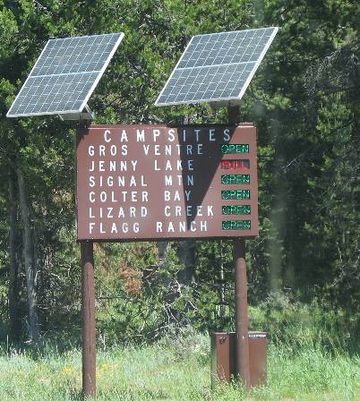 Open/Full sign for campsites in Grand Teton National Park