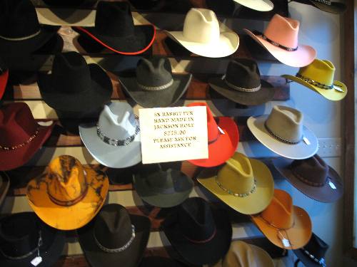 Display in front window of high end hat ship in Jackson, Wyoming