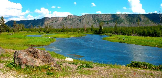 Limestone cliffs along the Madison River in the Madison Valley of Yellowstone National Park