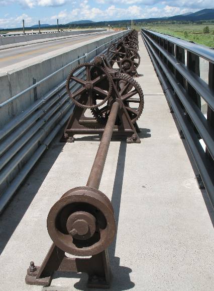 Gears that lift and lower the gates on Jackson Lake Dam that regulate the flow of water released