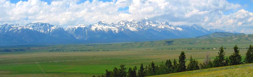 Grand Teton Mountain and the Teton Range viewed across the National Elk Reserve from east of Jackson, Wyoming