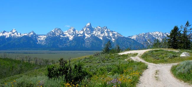 Grand Teton Mountain and the Teton Range as seen from a mountain on the east side of Antilope Flats