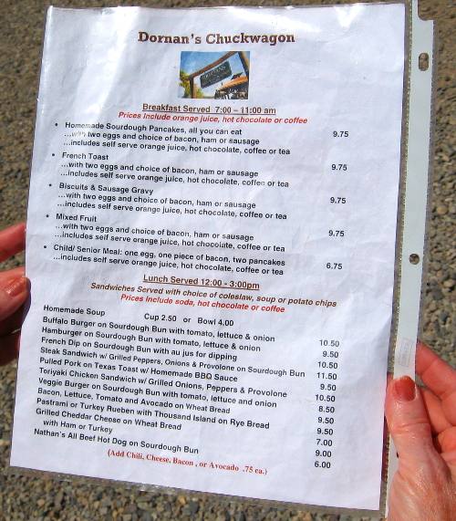 Menu from Dornans Chuckwagon in Grand Teton National Park