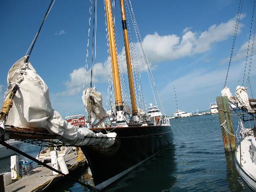 Fast, sleek, modern sailing schooner America 2 at the dock in Key West Bight Marina