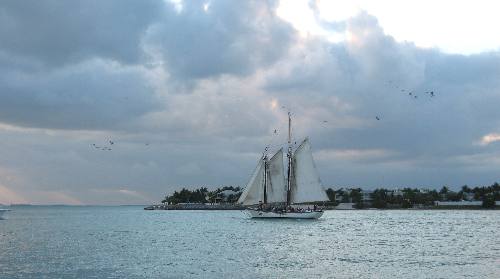 Old sailing schooner Appledore sailing past Sunset Key in the winter of 2012