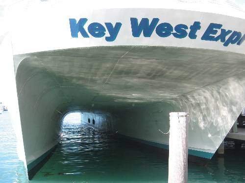 Joyce took this picture of the twin hulls of the Key West Express from the Harbor Walk Dock at Key West Bight Marina