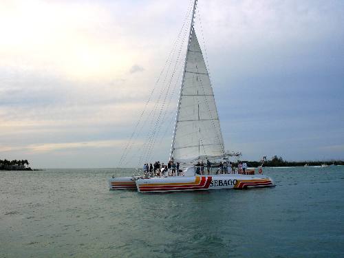 Sebago catamaran sailing between Sunset Key and Wisteria Island off Key West