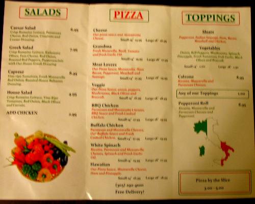 Menu from Paradise Pizza in Key West, Florida