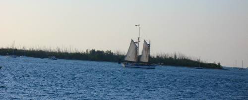 Wisteria Island and the sailing schooner Appledore as seen from Sunset Pier in Key West