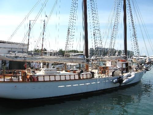 The old sailing ship Western Union tied up in the old historic seaport at Key West Bight