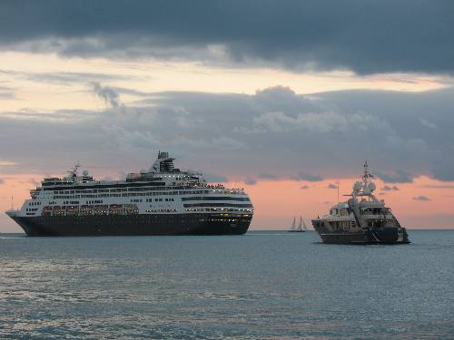 Cruise Ship Ryndam and private yacht highlighed by a Key West sunset
