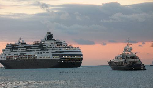 Cruise Ship Ryndam and private yacht highlighed by a Key West sunset