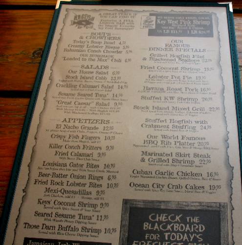 Menu from Hogfish Grill in Key West, Florida