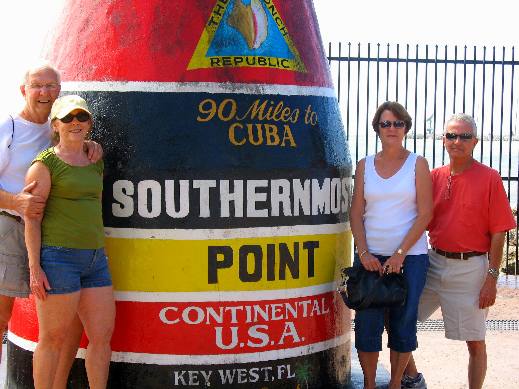 Mike & Joyce Hendrix with Brenda and Richard Roselli at the Southernmost Point in the Continental U.S. located on south Whitehead Street Key West, Florida
