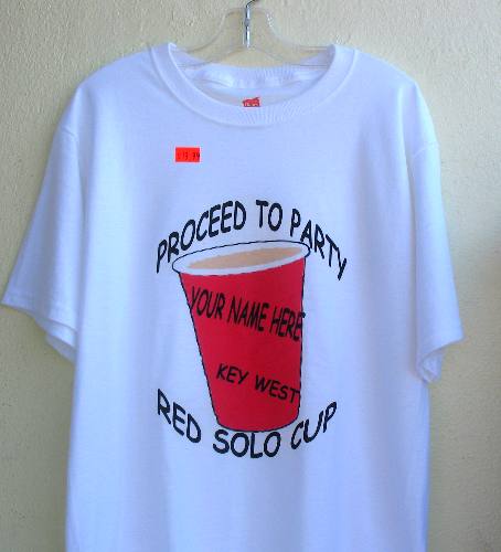 Personalized Red Solo Cup T-shirt being sold along Harbor Walk at Key West Bight Marina