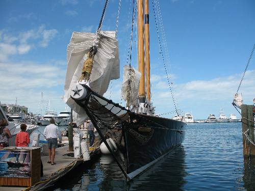 Fast Sailing Schooner America II docked along Harbor Walk in Key West Bight Marina