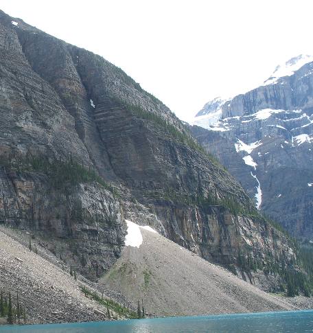 Talus or scree slopes on the shore of Moraine Lake