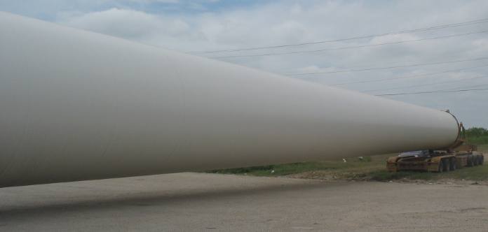 Top section of wind generator tower at truck stop in Junction, Texas